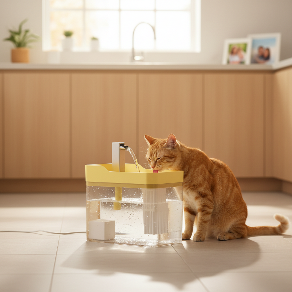 Chat buvant à la fontaine dans une cuisine