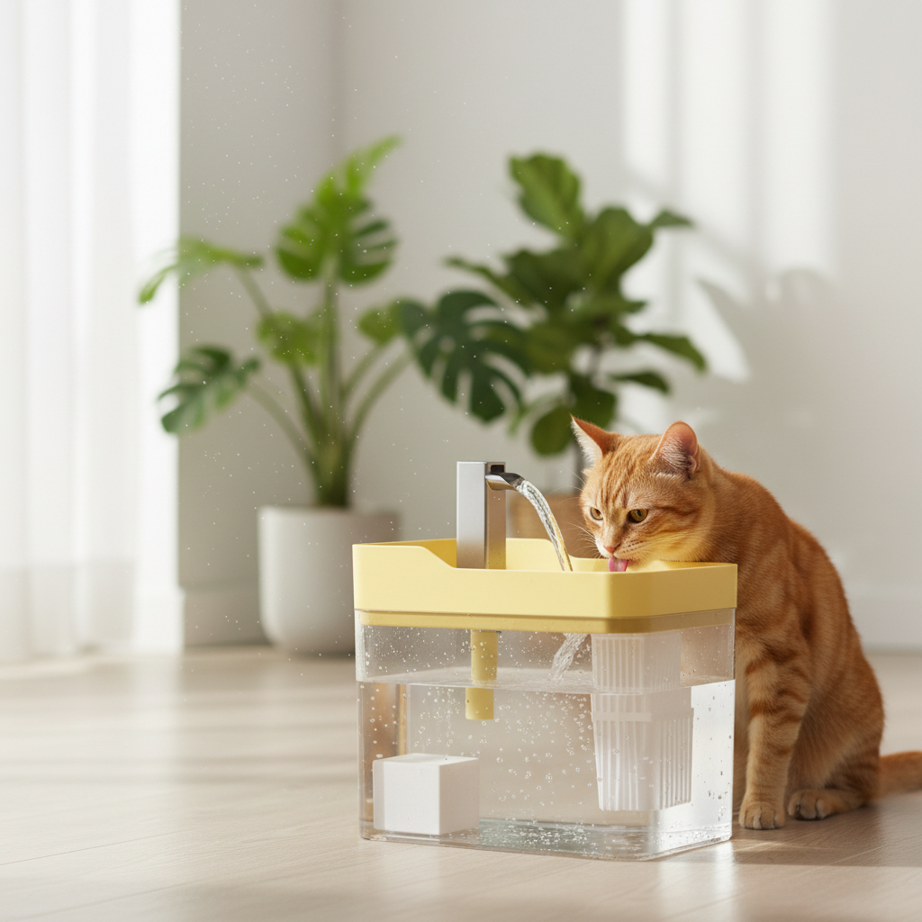 Chat buvant à la fontaine Bella