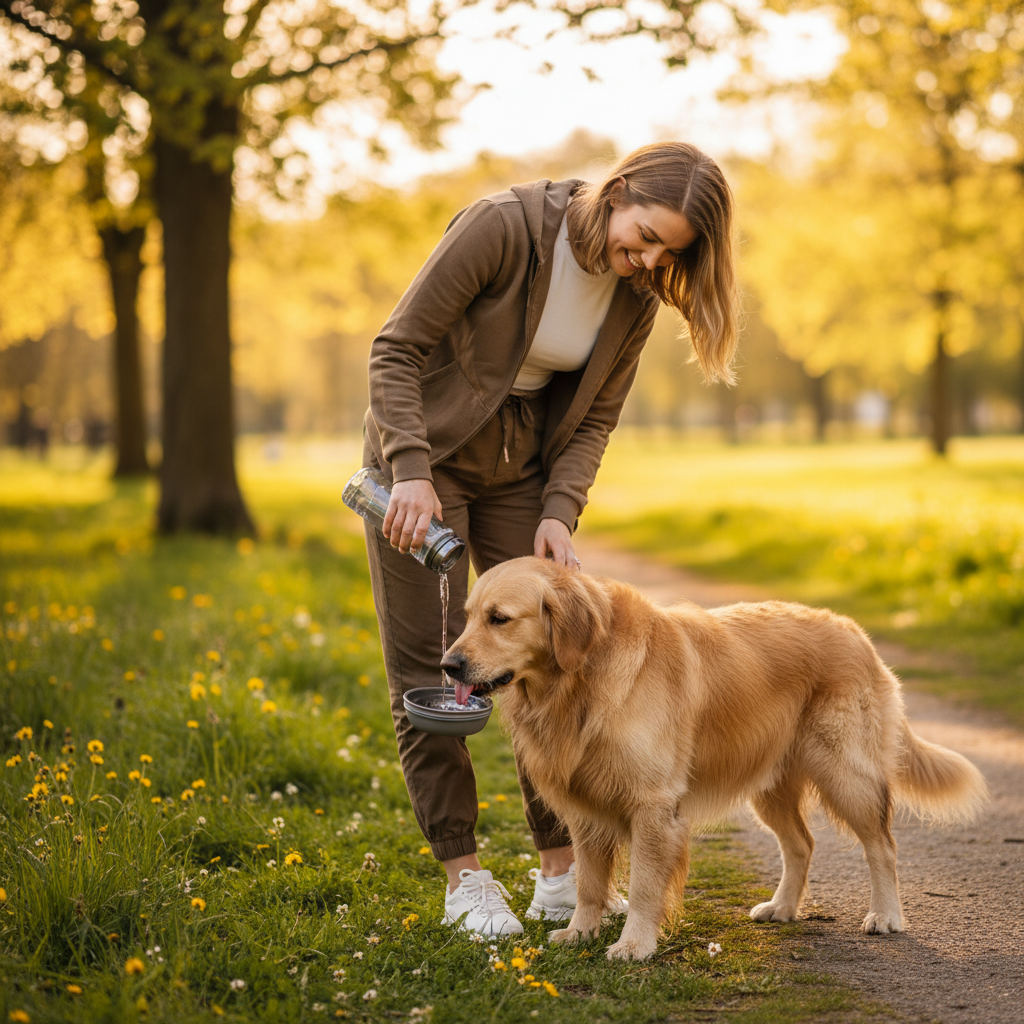 Propriétaire heureux avec chien en balade